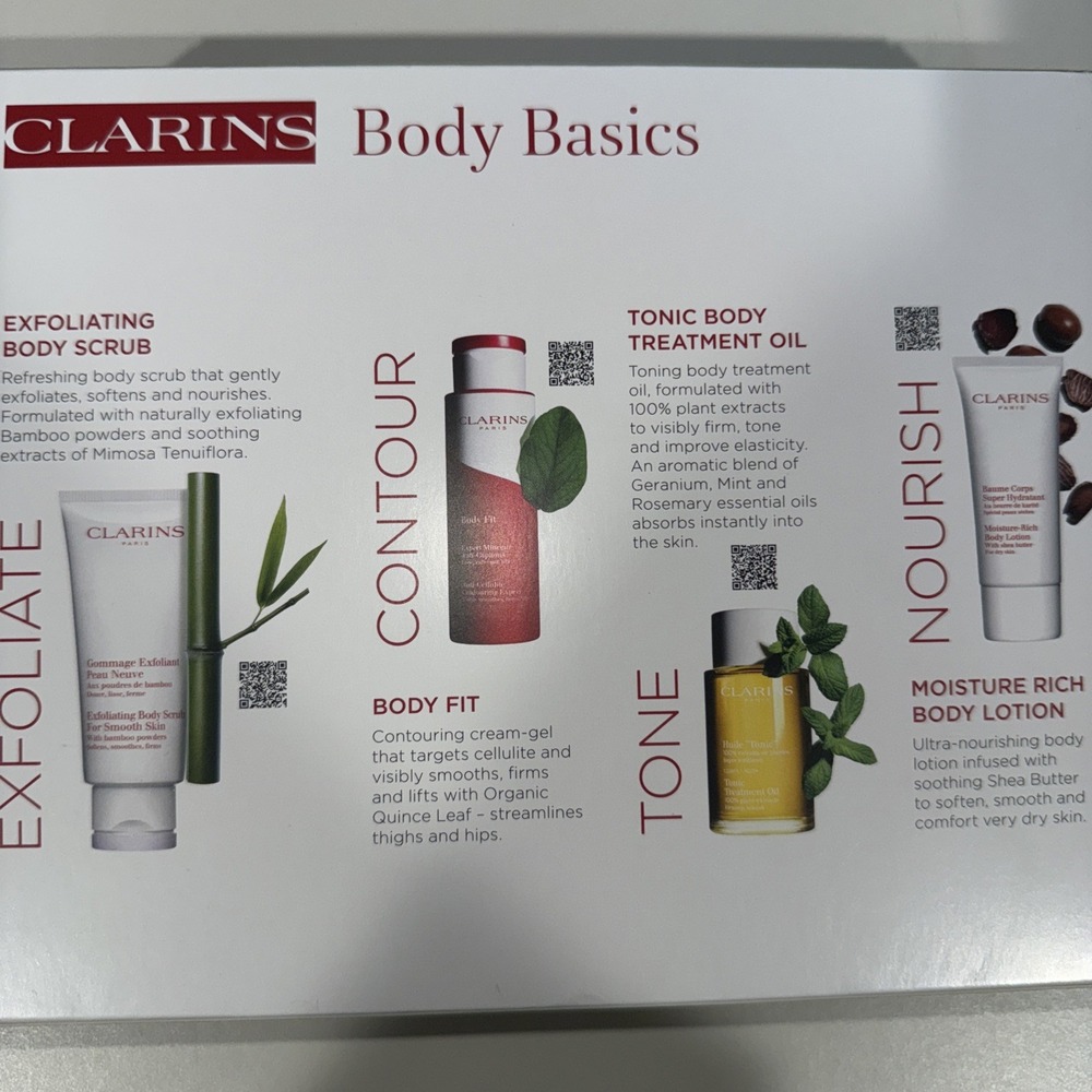 CLARINS BODY BASICS Kit Body Fit, Scrub, Tonic Treatment Oil, Body Lotion NIB - Picture 2 of 4